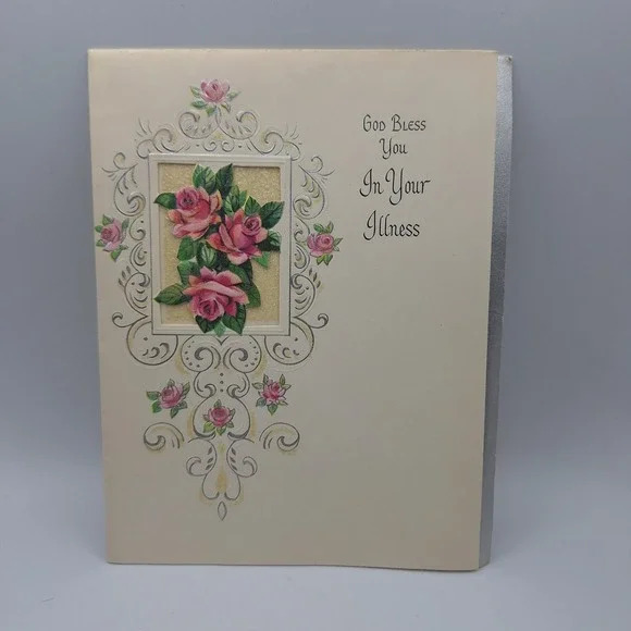 Vintage Get Well Soon Card God Bless You Pink‎ Roses Pleasant Thoughts USA