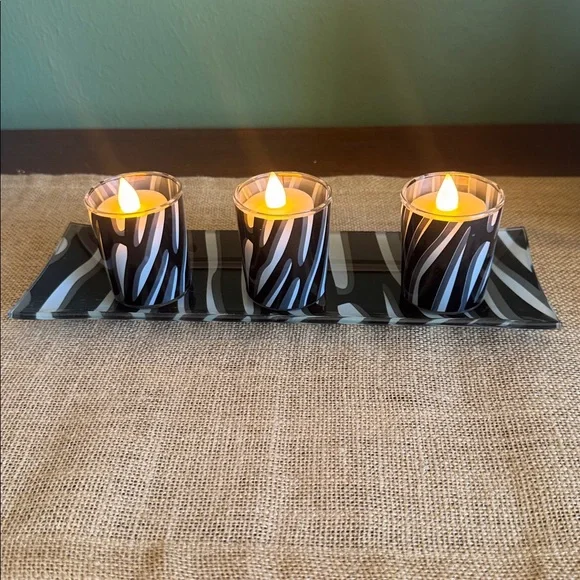 Black & White Zebra Print Glass Votive Candle Holders (3) and Tray