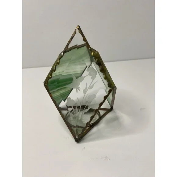 Stained‎ Green Glass Tea Light Holder Etched Glass Hummingbird Floral Design