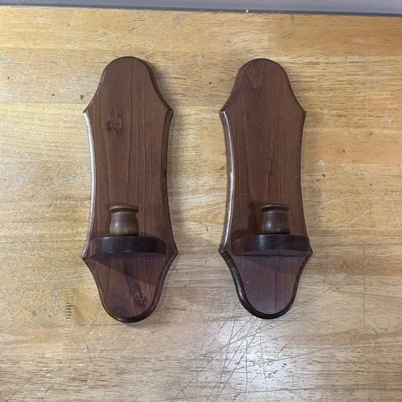 Vtg Pair Wood Wall Sconces Taper Candle Holders Dark Brown Colonial Rustic 15
