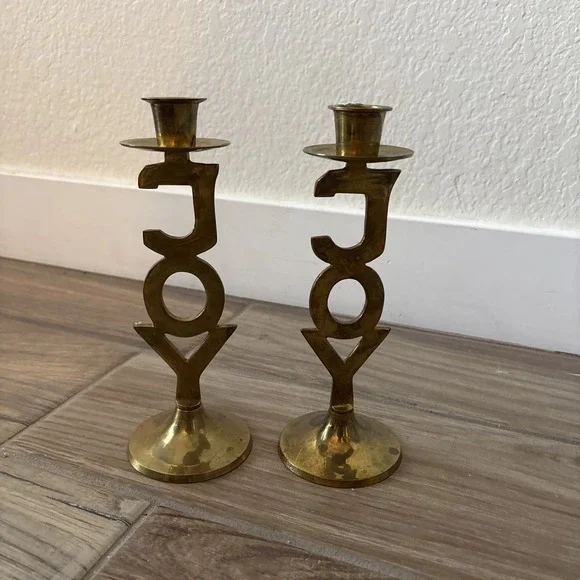 Vintage Candlestick Holder Solid Brass Joy Set‎ of 2 8