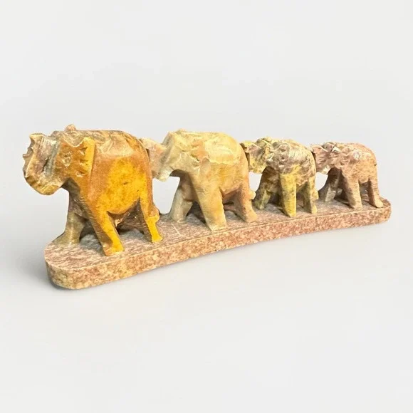 Vintage Indian Solid Carved Soapstone 4 Walking Elephant Incense Holder  6