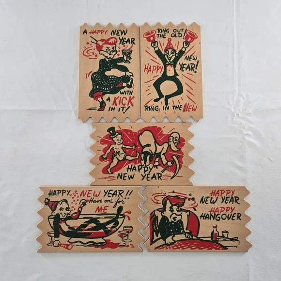Happy New Year Wood Postcards Lot of 5 New ATTCO-227 Holiday 3x5in.