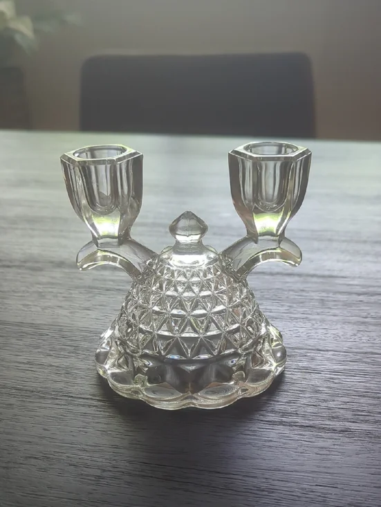 Vintage Clear Glass Double Candle Holder - Textured Bell Design