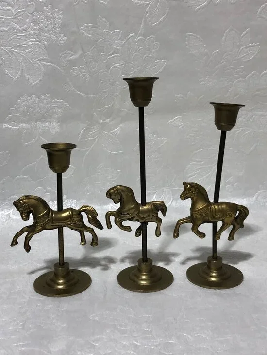 Vintage brass carousel horse candlestick holders set of 3