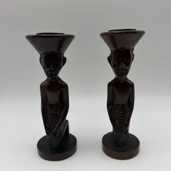 African Tribal Style Hand Carved Wooden Candlestick Taper Holders Set of 2