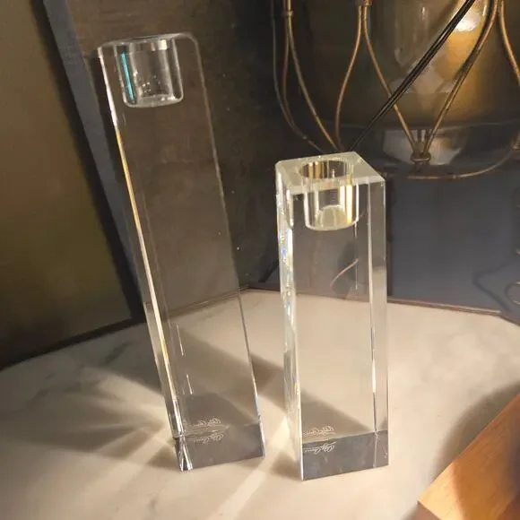 Oleg Cassini Signed Crystal Column Candlestick Holders Pair 6