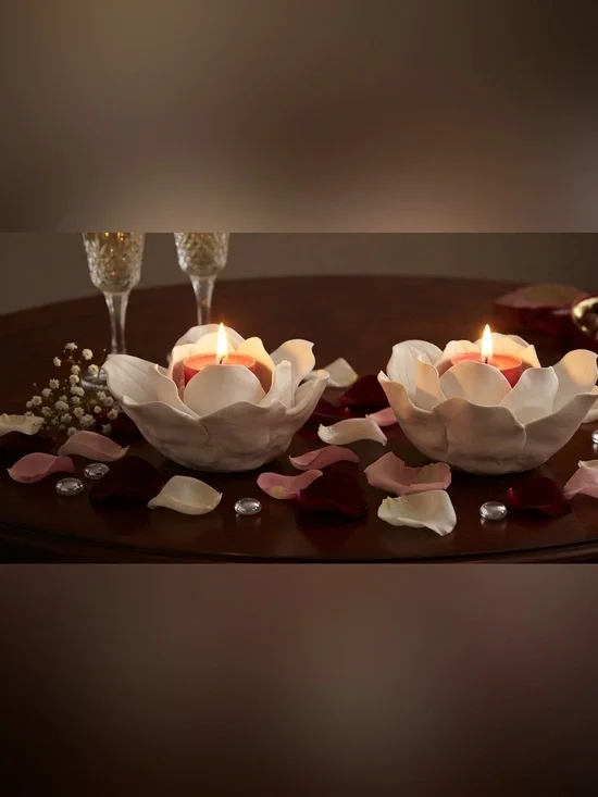 Threshold Tealight Candle Holder Porcelain White Flower Decoration (pair)