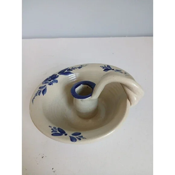 Vtg Williamsburg Pottery Salt Glazed Blue Stencil  Crock Candlestick Holder