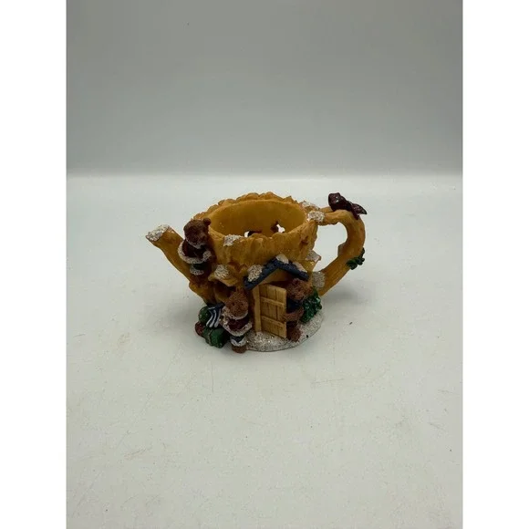 Vintage Christmas Teddy Bear Tree Stump Teapot Votive Candle Holder Resin Decor
