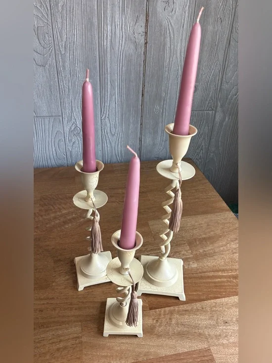 3 Pink Taper Candles in Cream Spiral Candle Holders - Brand Unspecified