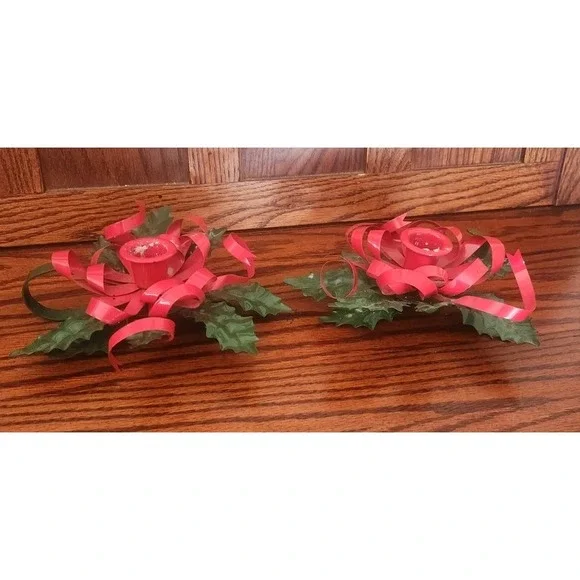 Set of 2 Vintage Dept 56 Holly Ribbon‎ Candle Holders Christmas Red Green