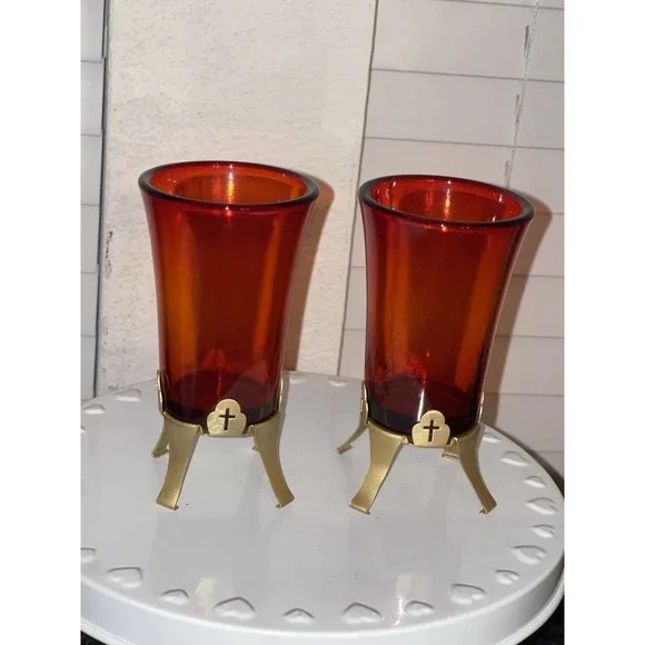 Vintage Pair Of‎ Gold Color Metal Votive Candle Holders Altar Sanctuary Church