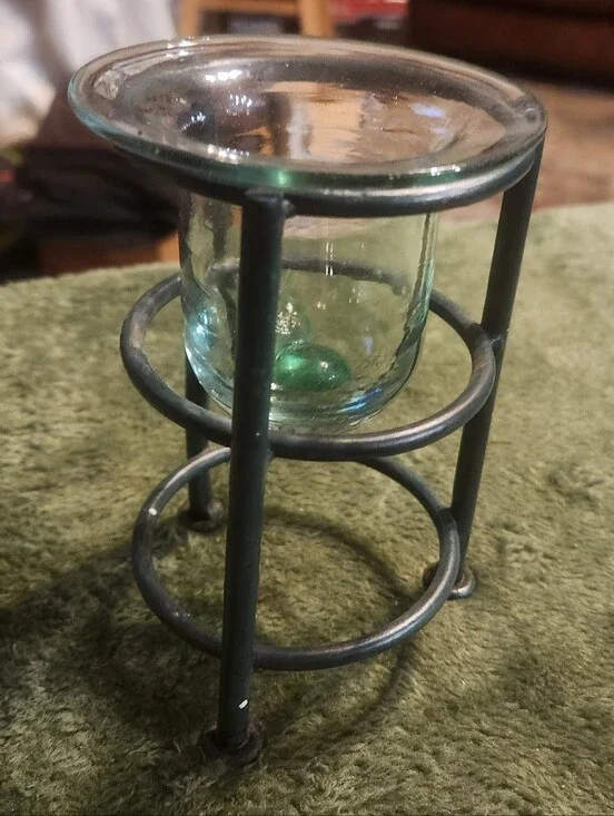 Green Glass Votive Candle Holder with Metal Stand