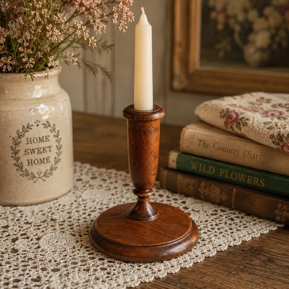 Vintage Wooden Taper Candle Holder Turned Wood Candlestick Primitive Farmhouse