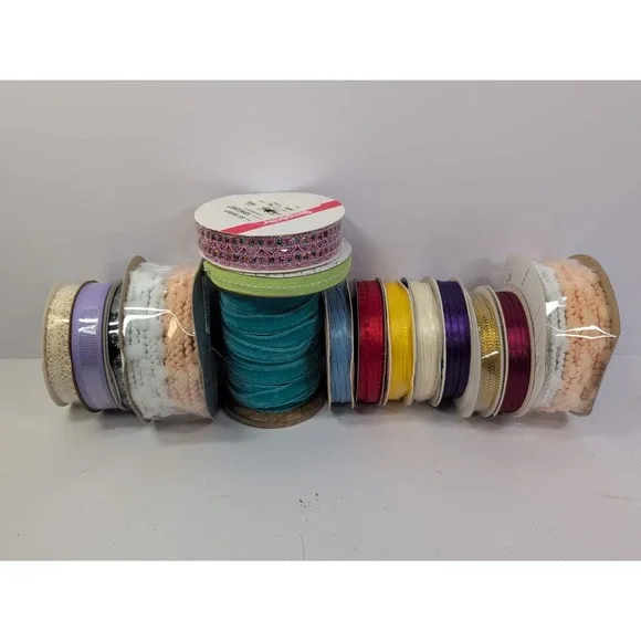 15 Spools Of  Ribbon Lot Purple Crochet Beaded Velvet Etc