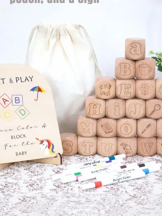 Baby Shower Activity - Natural Wooden Alphabet and numbers Blocks Set