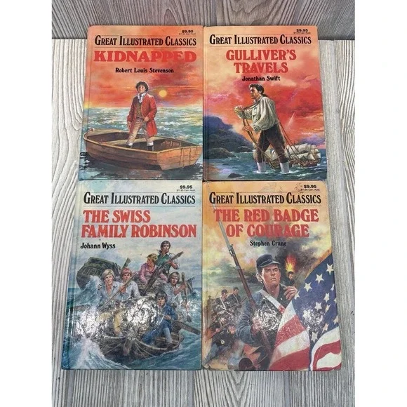 Great Illustrated Classics Books Lot of 4 Kidnapped Gulliver's Travels Red Badge