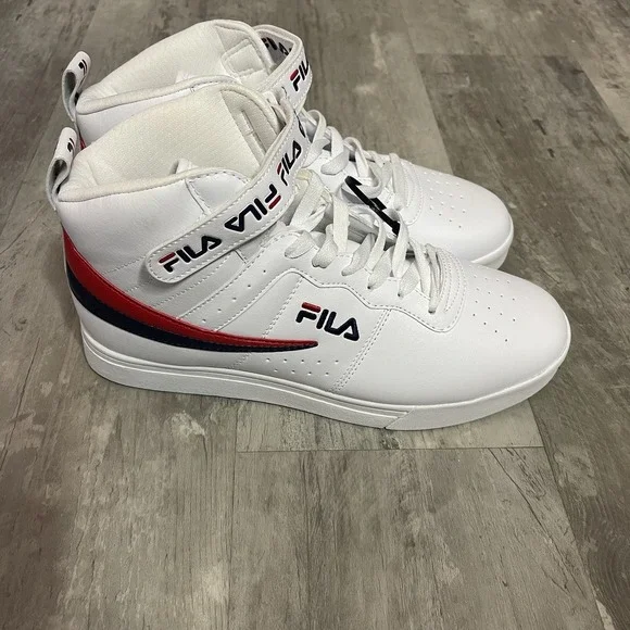 FILA Vulc‎ Size 10.5 Faux Leather White Navy Red High Top Sneakers Men Shoes