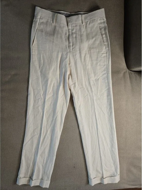 BAIRD MCNUTT Murano Slim Fit Beige Linen Cuffed Dress Pants Mens 30x30