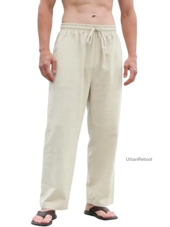 Men's Cotton Linen Drawstring Casual Pants Relaxed Fit Straight Leg Lightweight
