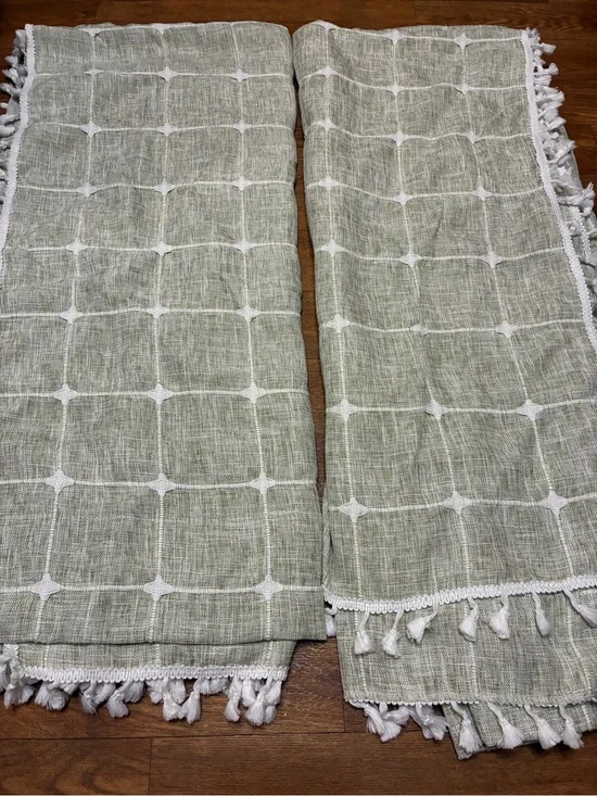 Colorigan Sage Green Window Curtain Panels with White Grid and Tassel Trim 1 Pr