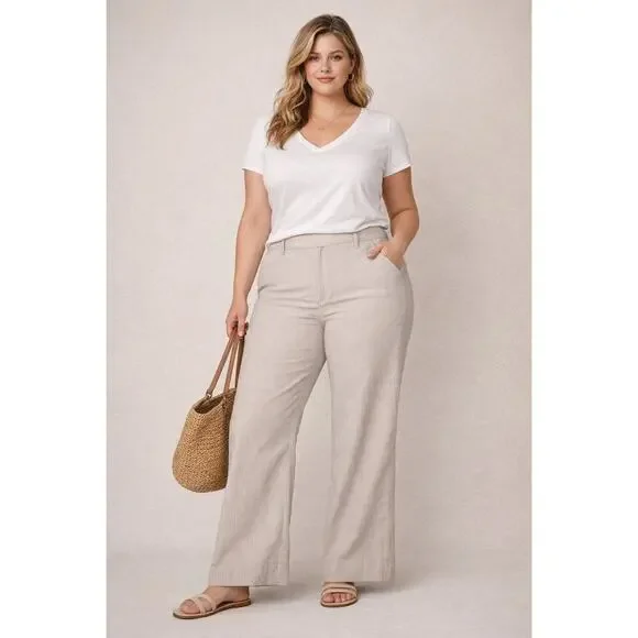 Ralph Lauren Seersucker Wide Leg Pants Women 16 Beige White Stripe Cotton