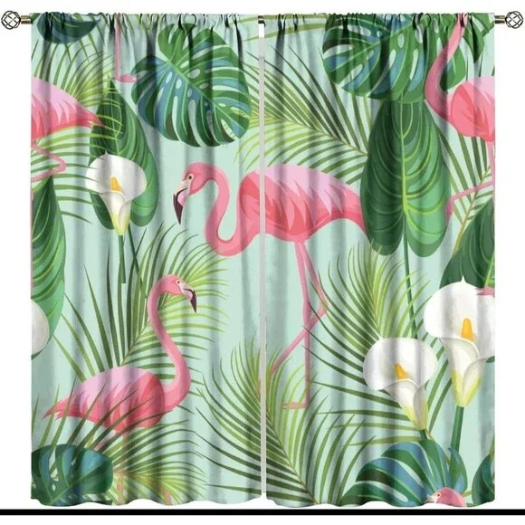 GEEORY Tropical Leaf & Flamingo Window Curtain Panel Pair - Green/Pink 84