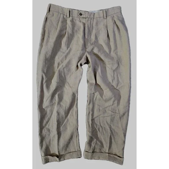 Jos A Bank Pants Mens 40 Beige Linen Travelers Pleated Cuffed