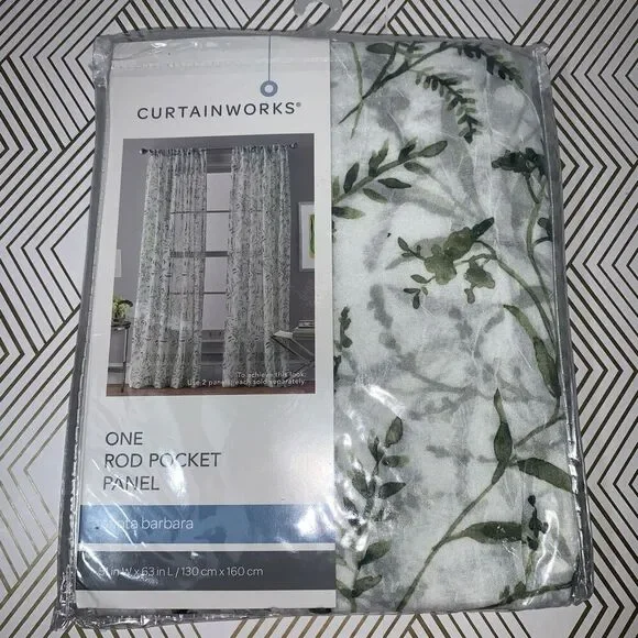 Curtainworks One Rod Pocket Panel Curtain‎ Santa Barbara Green White 51x63 New