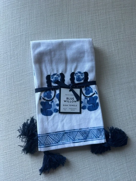 Two's Company Blue and White Willow Embroidered Dish Towels - Set of 2