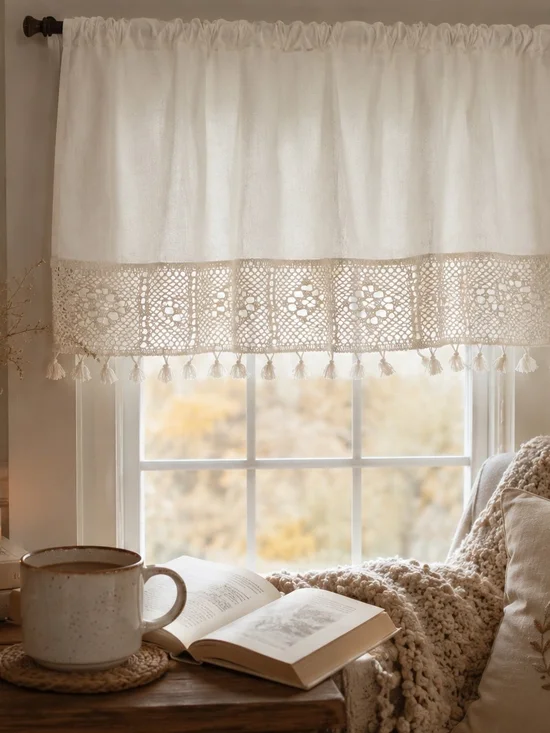 3-Cream Linen Crochet Tassel  Window Valance - Home Accents