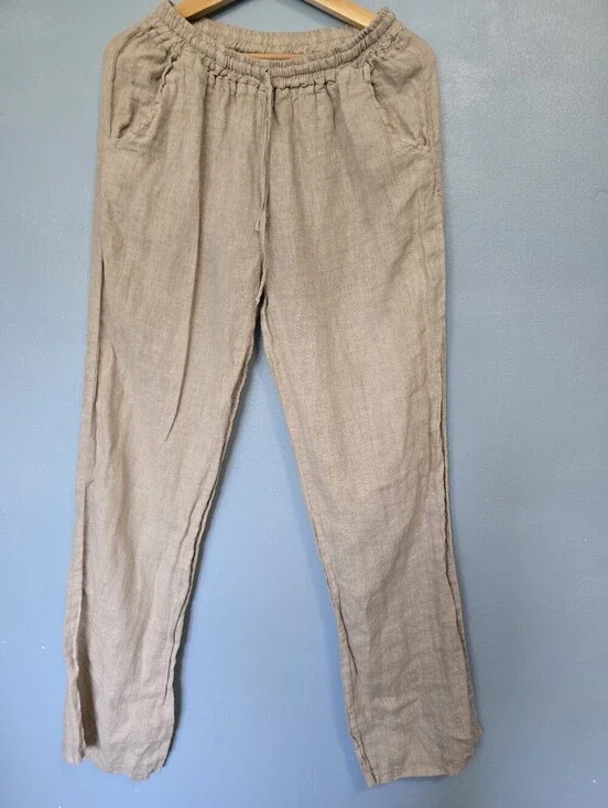 Made In Italy Women's Pull-on Linen Drawstring Pants Beige Waist 25/26
