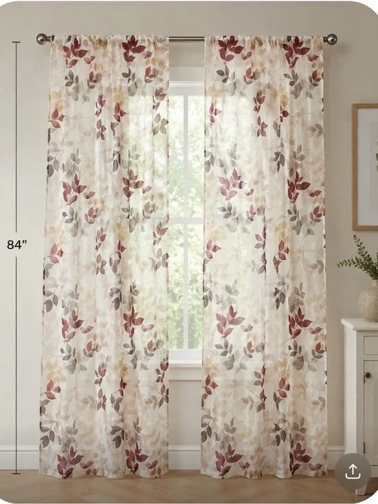 Mainstays Sheer Leaf Curtain Panels - Red, Gold, Gray 84”. SET OF 4