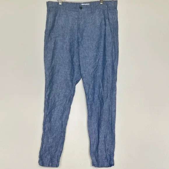 Men's Blue Linen-Blend Casual Trousers