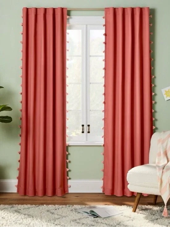 4 Pillowfort Coral Pom-Trim Blackout Curtain Panels