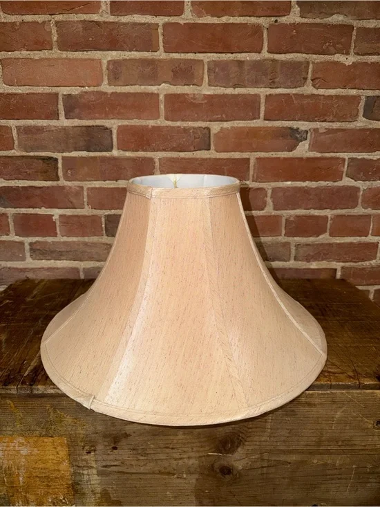Vintage Neutral Beige Fabric Bell Lamp Shade with Brass Harp Victorian