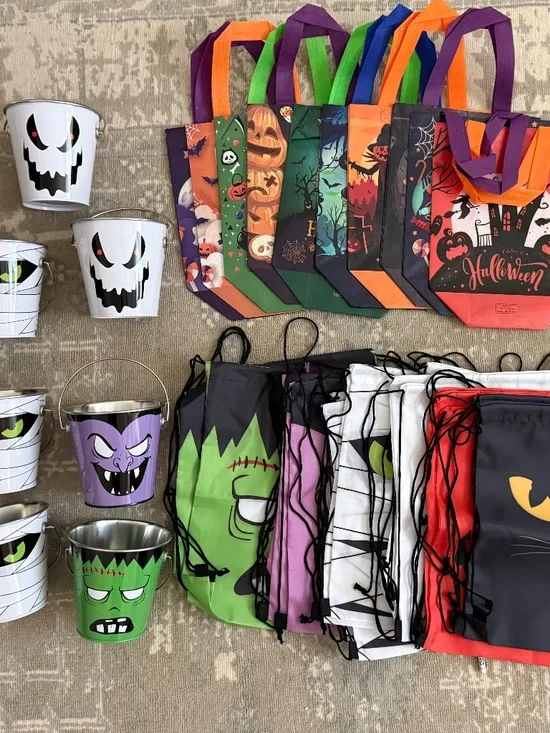 Halloween Party Supplies Bundle- Buckets, Drawstring Backpacks, Tote Bags