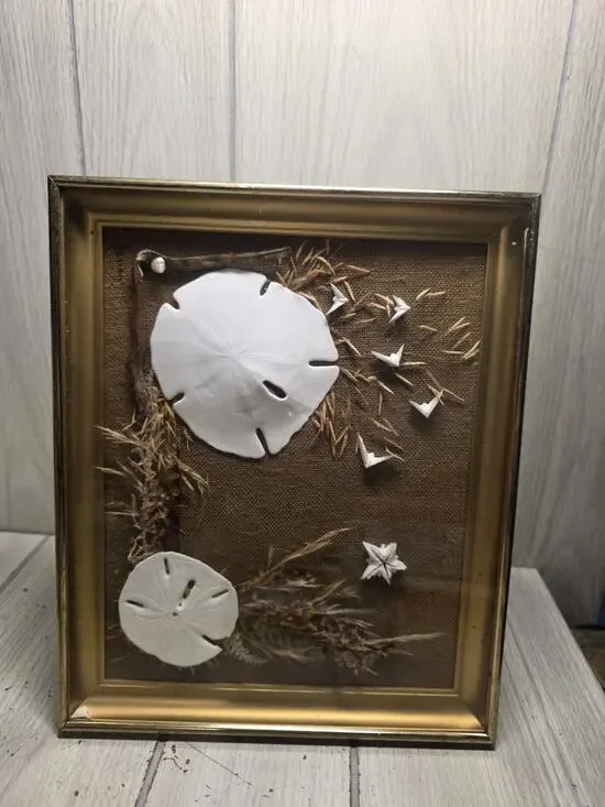 Vintage 1970s Framed Shell Art Beach Themed Shadow Box Picture Birds Sunset Read