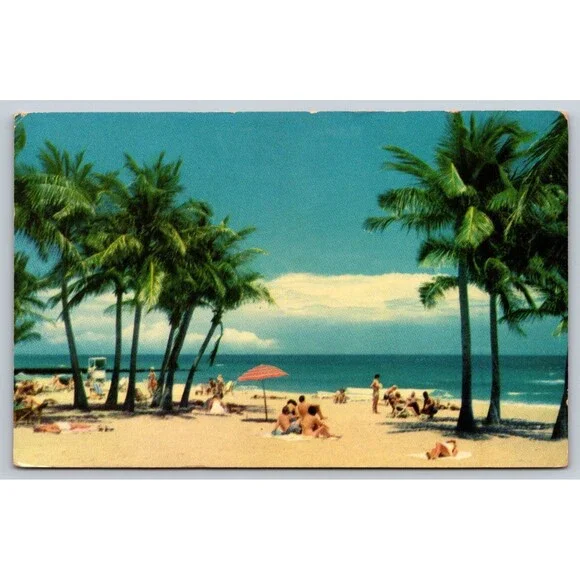 Vintage Florida Beach Postcard H.W. Hannau Palm Trees Ocean Mirro-Krome HWH-8