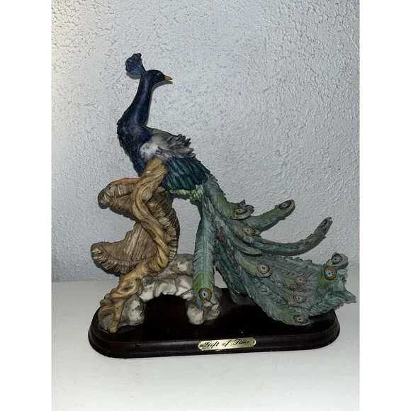 Vintage 'Gift of Time' Peacock Figurine on Wood Base