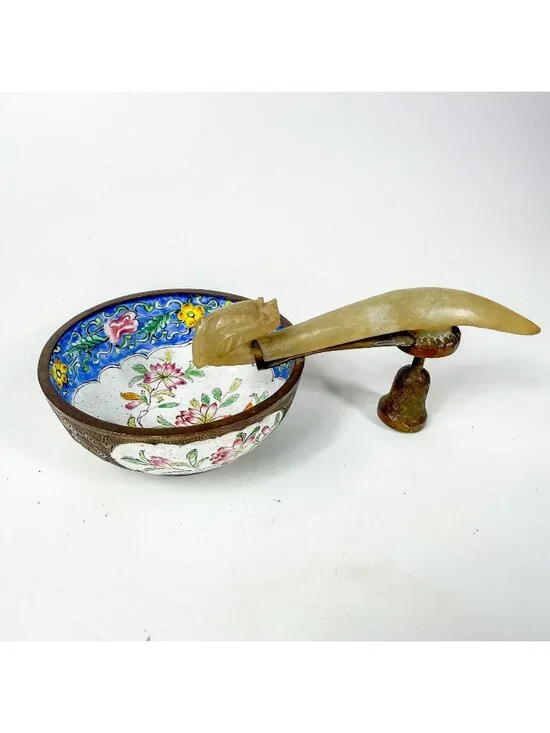Antique Chinese Enameled Floral Jade Nephrite Hook Handle Bowl