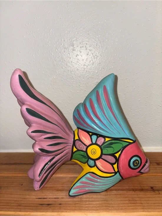 Rare Vintage Hand-Painted Colorful Talavera Style Pink & Blue Beta Fish