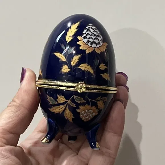 Cobalt Blue Porcelain Egg Trinket Box Footed with Floral Decoration