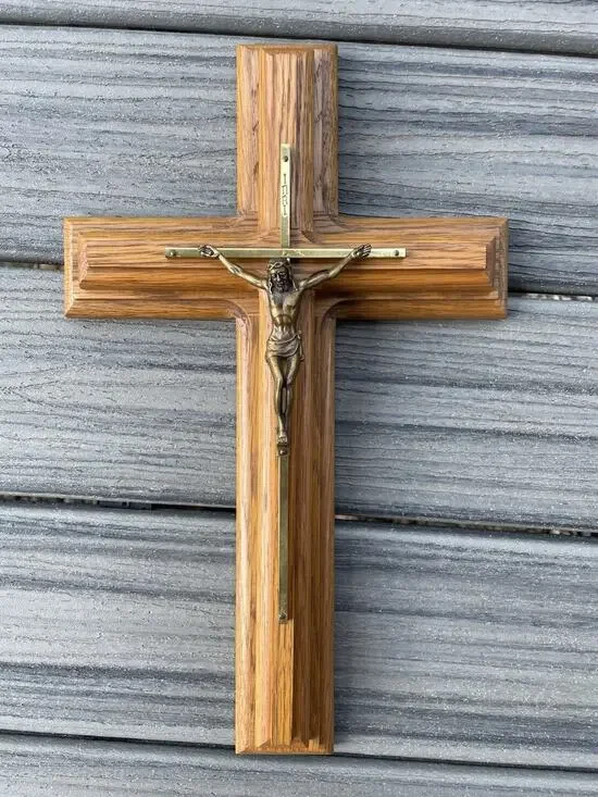 Vintage Wood Crucifix Wall Cross 16” Oak Ridged Brass Corpus Christi “INRI”