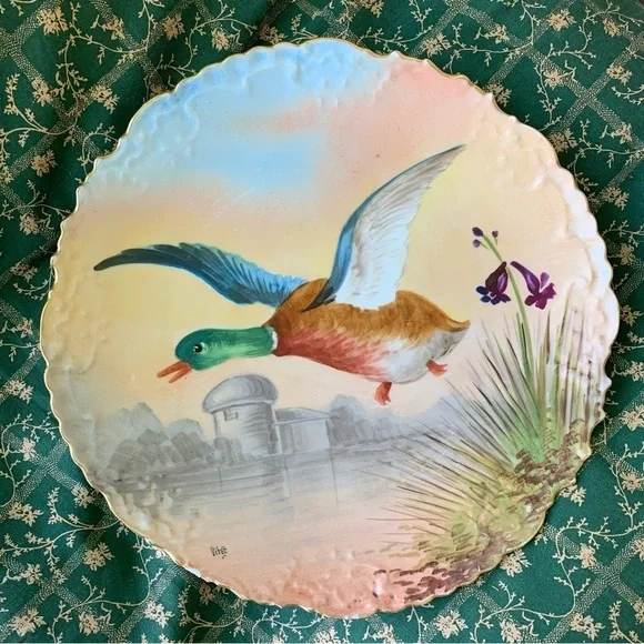 Antique Limoges France LRL Duck in Flight Plate Game Bird Signed Vitec