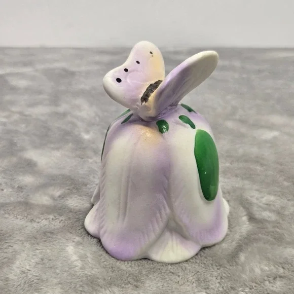 Vintage Porcelain Butterfly Flower Hand Bell Purple White Green Hand Painted 3