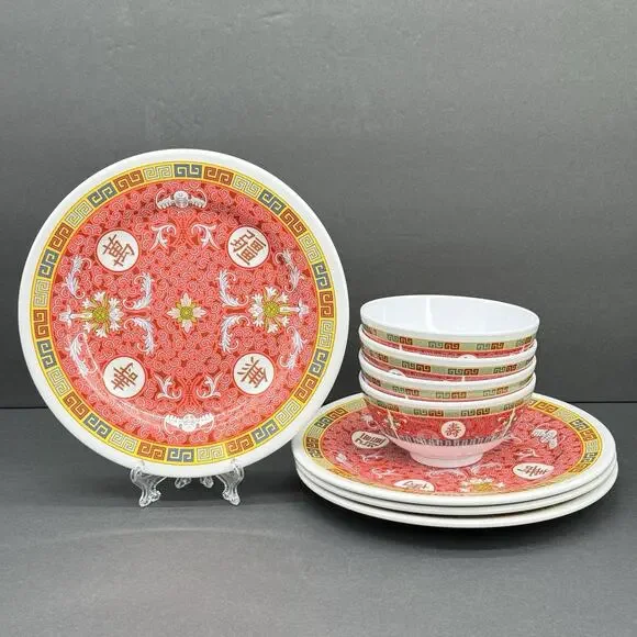 Shuang Ho 8 Piece Set of Longevity Asian Melamine Ware White & Red Plates Bowls