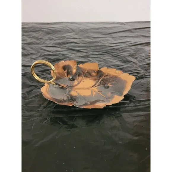 Vintage Copper Leaf Dish Tray Change Keys Brass Handle Patina