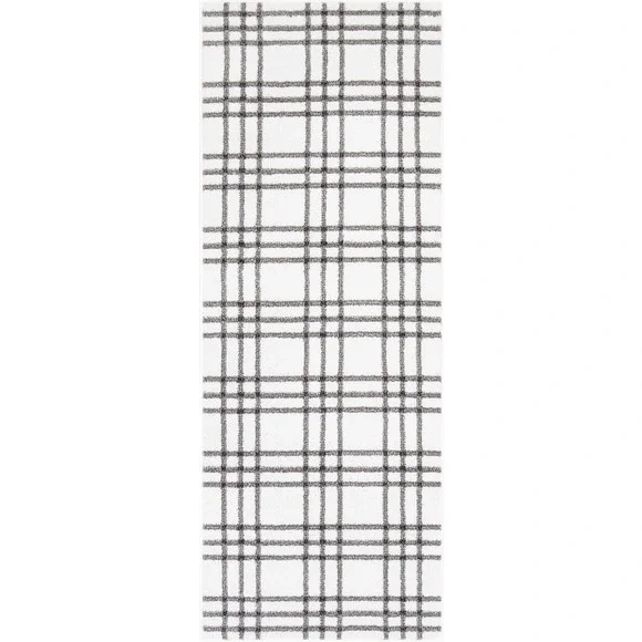 My Texas House Finley 2x5.6 White Grey Farmhouse Plaid Indoor Runner Rug